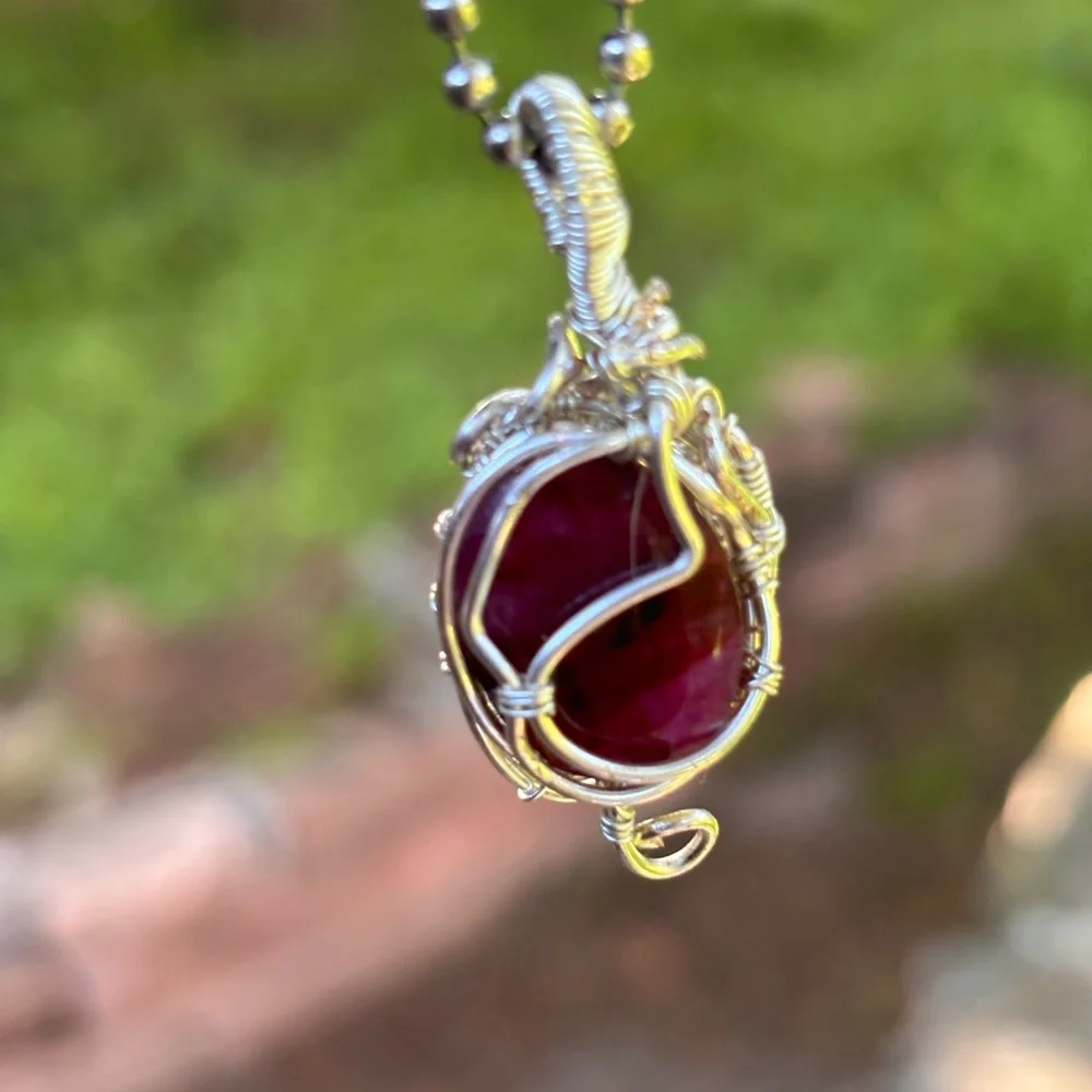 Elegant Silver and Red Wire-Wrapped Pendant Necklace
